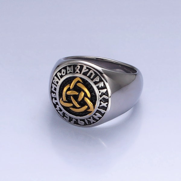 Celtic Knot Design Signet Ring, Gold Mixed Metal or Full Silver, 3D Stainless Steel Norse Triquetra Rune Vintage Band for Men