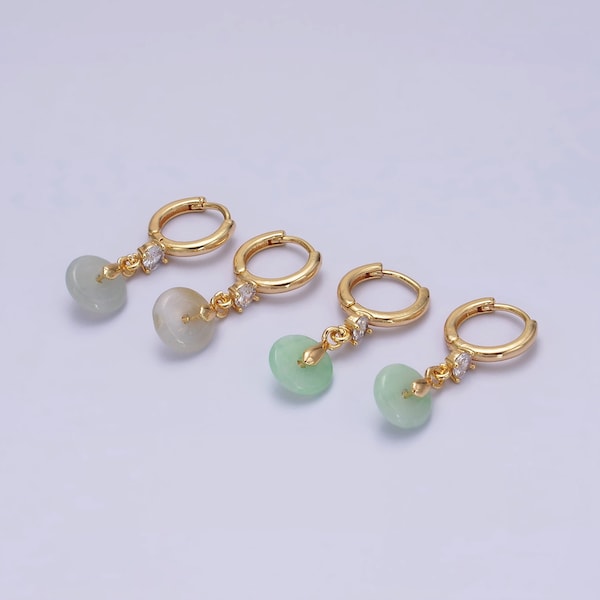 Green or White Jade Coin Design Dangle Drop Huggie Hoop Earrings, Minimalistic 16K Gold Filled Gemstone Jewelry for Women, 1 Pair