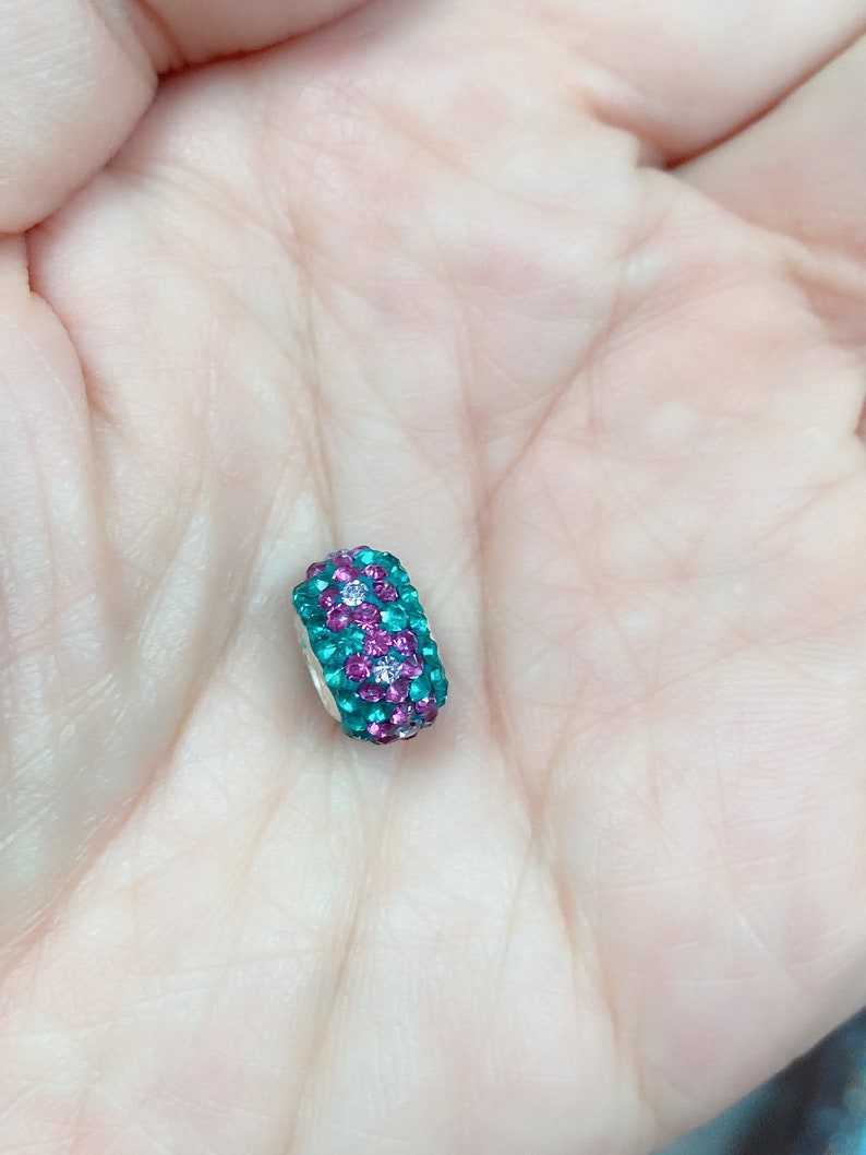 Purple Flowers on Blue Design Beads for Bracelet Necklace Anklet Making 1pc 12x12x7mm Wholesale Round Bead with Micro Pave Rhinestones