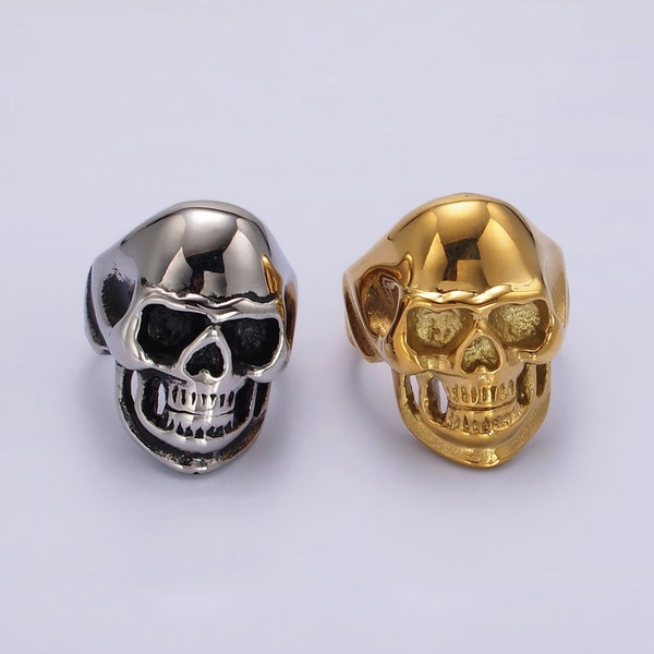 3D Human Skull Ring, 14K Gold or Silver Tone Stainless Steel Statement Band for Men