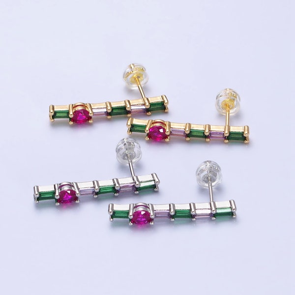 Multicolor Crystal Stud Earrings, Gold or Silver, Pink and Green CZ Cubic Zirconia, 16K Gold or White Gold Filled Jewelry for Women, 1 Pair