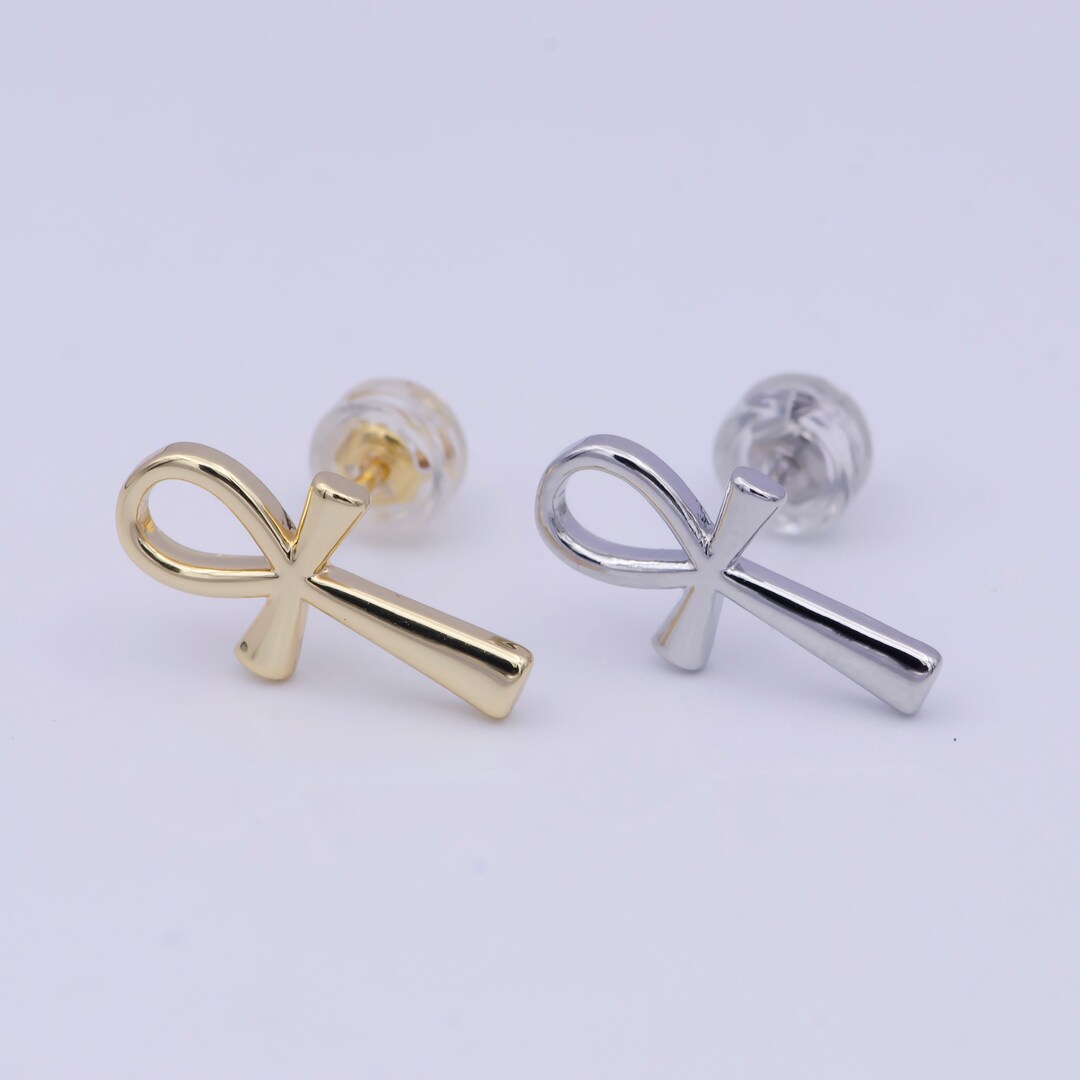 Ankh Cross Design Stud Earrings, Gold or Silver, Religious Egyptian