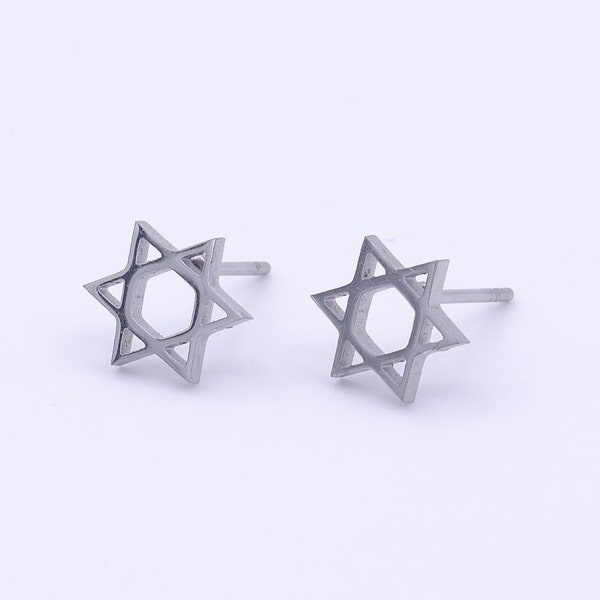 Silver Jewish Star of David Design Stud Earrings, Small Stainless Steel Religious Earring Jewelry, 1 Pair