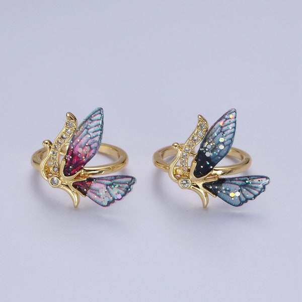 Fairy Wings Design Ring, Transparent Blue or Pink, Clear Micro Pave CZ Cubic Zirconia, Open Adjustable Gold Plated 3D Fantasy Band