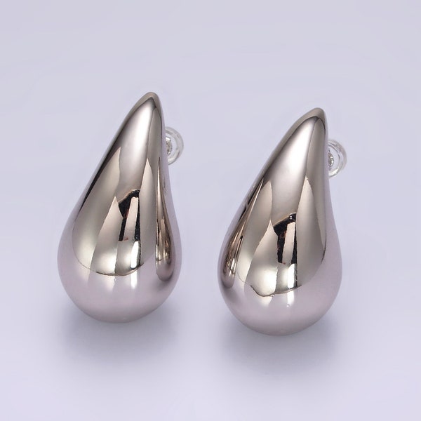 Large Silver Rounded Teardrop Stud Earrings, Modern Minimalistic White Gold Filled Earring Jewelry for Women, 1 Pair