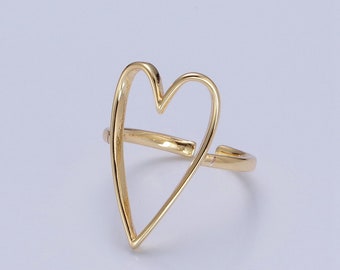 Large Heart Outline Ring, Open Adjustable Gold Plated Minimalistic Band