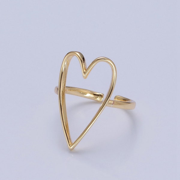 Large Heart Outline Ring, Open Adjustable Gold Plated Minimalistic Band