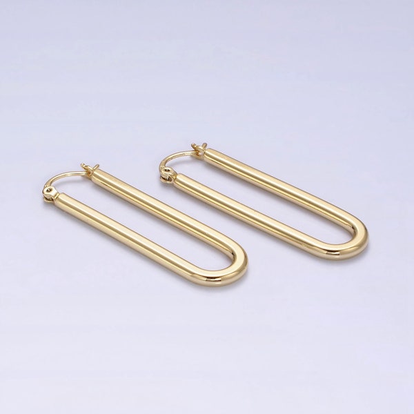 Long Thin Paperclip Shaped Hoop Earrings, Latch Back, Modern Minimalistic 14K Gold Filled Earring Jewelry, 1 Pair