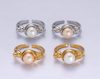 White or Pink Pearl on Abstract Bubble Design Stack Ring, Gold or Silver, Open Adjustable 14K or White Gold Filled Band for Women