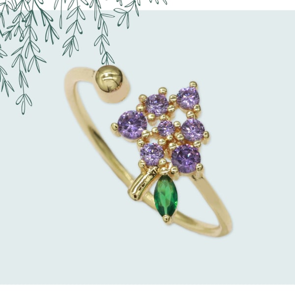 Grapes Design Stack Ring, Purple and Green Cubic Zirconia, Thin Dainty Open Adjustable Gold Plated Fruit Band