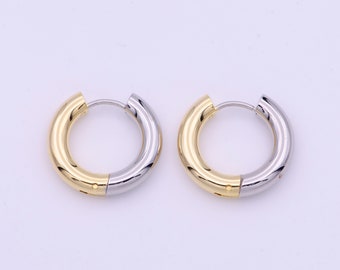 Mixed Metal Gold and Silver Huggie Hoop Earrings, Dainty Two Tone Gold Plated Everyday Wear Jewelry for Women, 1 Pair