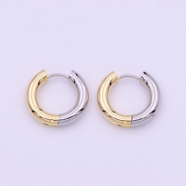 Mixed Metal Gold and Silver Huggie Hoop Earrings, Dainty Two Tone Gold Plated Everyday Wear Jewelry for Women, 1 Pair