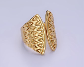 Large Zigzag Pattern Shell Ring, Open Adjustable 14K Gold Filled Retro Statement Band for Women