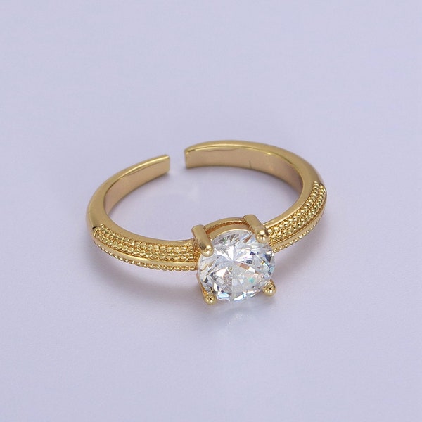 Crystal Gemstone Solitaire Ring, Circle CZ Cubic Zirconia, Minimalistic Open Adjustable 16K Gold Filled Beaded Texture Band