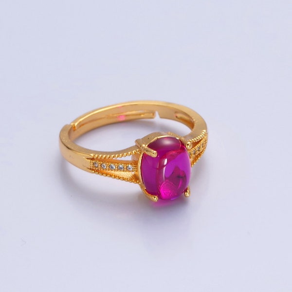 Fuchsia Pink Jade Oval Gemstone Stack Ring with Micro Pave CZ Cubic Zirconia, Open Adjustable 24K Gold Filled Minimalistic Vintage Band