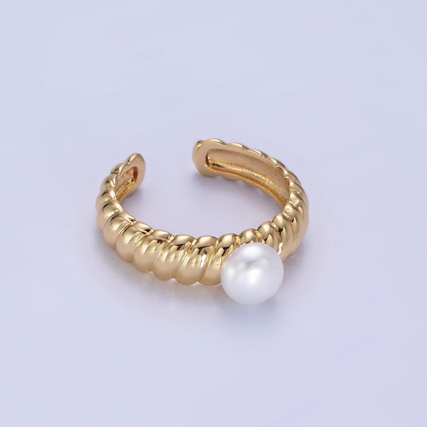 Croissant Spiral Design Ring with White Shell Pearl, Dainty Minimalistic Open Adjustable 14K Gold Filled Band for Women