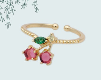 Cherry Fruit Design Stack Ring, Red and Green Cubic Zirconia, Thin Dainty Open Adjustable Gold Plated Band