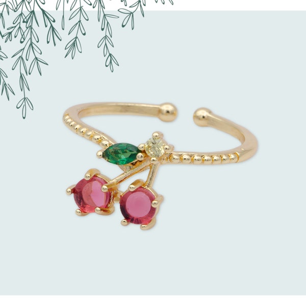 Cherry Fruit Design Stack Ring, Red and Green Cubic Zirconia, Thin Dainty Open Adjustable Gold Plated Band