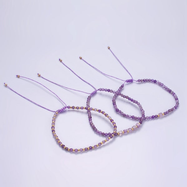 Faceted Purple Amethyst Beads and 14K Gold Filled Beads Slider Bracelet, Purple Cotton String, Adjustable