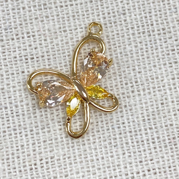 2pcs 17x17mm Wholesale Gold Plated Butterfly Charm with Orange and Yellow Cubic Zirconia, Charms for Necklace Bracelet Making