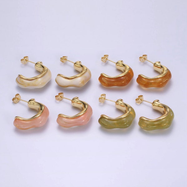 Wavy Resin Open Hoop Stud Earrings - Olive Green, Cream White, Pink, Amber Brown - 14K Gold Filled C-Shaped Jewelry for Women, 1 Pair