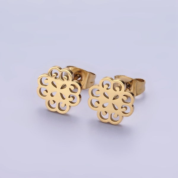 Gold Artisan Filigree Flower Design Stud Earrings, Dainty Minimalistic 14K Gold Tone Stainless Steel Jewelry for Women, 1 Pair