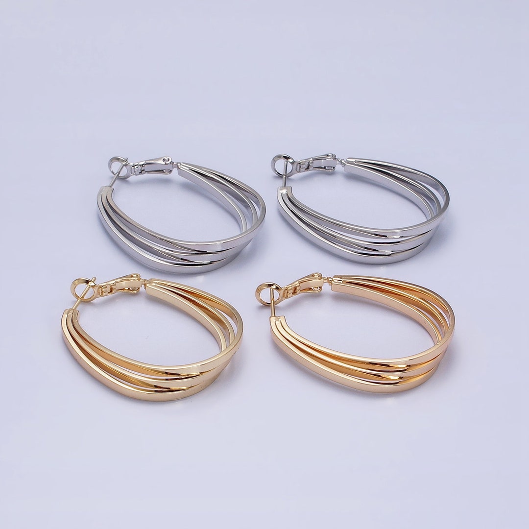 Triple Band Flat Oval Hoop Earrings, Gold or Silver, Hinge Latch Back