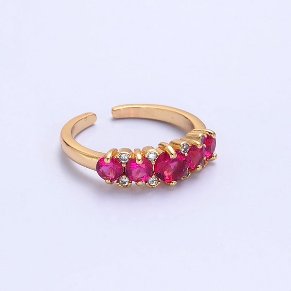 Fuchsia Pink Crystal Gemstones Stack Ring, Circle Cut CZ Cubic Zirconia Row Pattern, Open Adjustable 24K Gold Filled Minimalistic Band