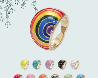 Shell Dome Design Stack Ring, Pastel Colored Enamel - Rainbow, Blue, Green, Pink, Purple, Black - Open Adjustable Gold Plated Silver Band