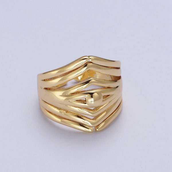 Multilayered Diamond Shaped Wave Design Stack Ring, Thick Open Adjustable 24K Gold Filled Rustic Ring