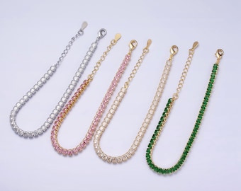 Tennis Chain Bracelet, Gold or Silver, CZ Cubic Zirconia - Clear, Pink, Green - 16K or White Gold Filled, 6.5 Inches with 1.5 Inch Extender