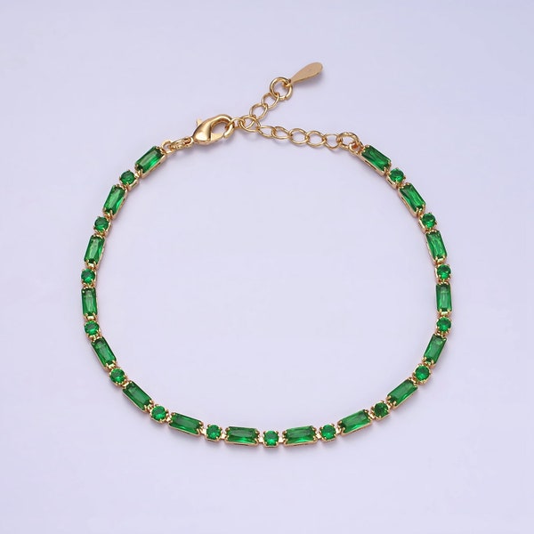 Gold Tennis Chain Bracelet, Emerald Green Baguette and Round Cut CZ Cubic Zirconia, 16K Gold Filled, 6.5 Inches with 1.75 Inch Extender