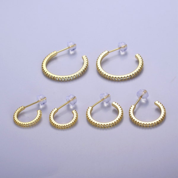 Open Hoop Stud Earrings with Clear Micro Pave CZ Cubic Zirconia, Minimalistic 14K Gold Filled Jewelry for Women, 1 Pair