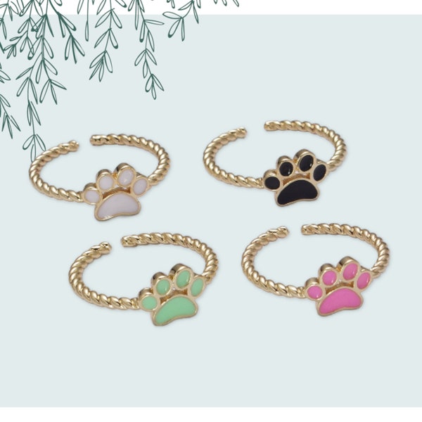 Pet Paw Print Design Stack Ring, Pastel Colored Enamel - Black, White, Pink, Green - Dainty Open Adjustable Gold Filled Dog Cat Paw Band