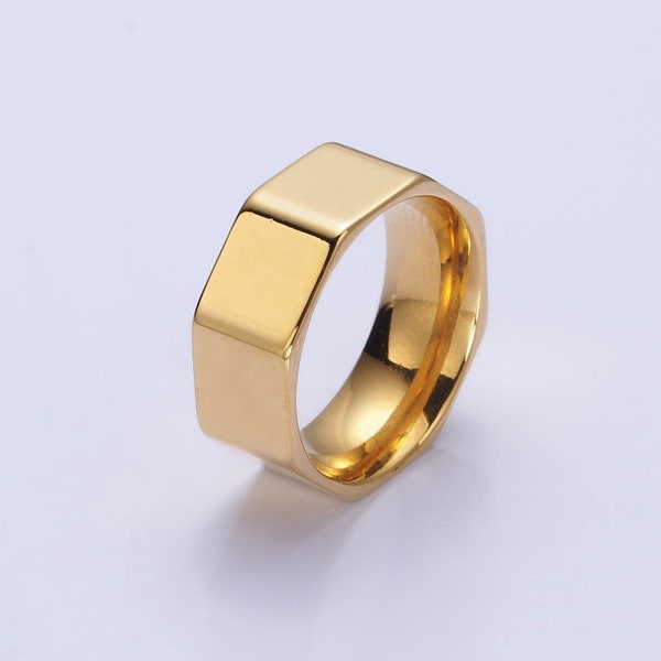 Rounded Octagon Design Ring, Thick Geometric 24K Gold or Silver Tone Stainless Steel Minimalist Band