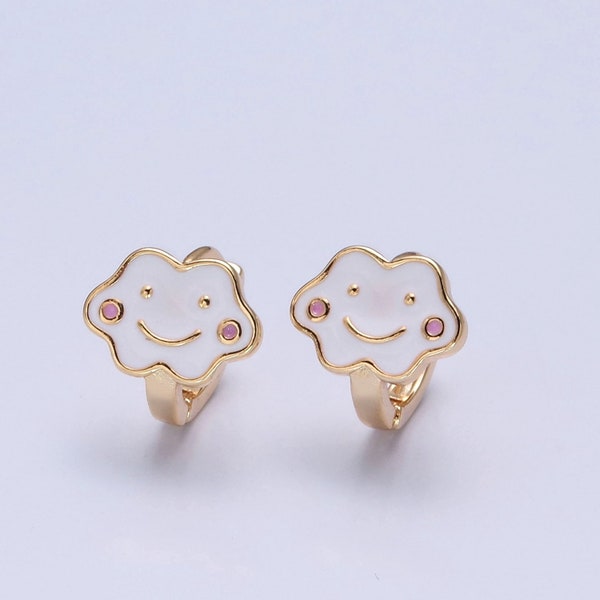 Happy Cloud Design Huggie Hoop Earrings, White and Pink Enamel, Dainty 18K Gold Plated Jewelry for Girls, 1 Pair