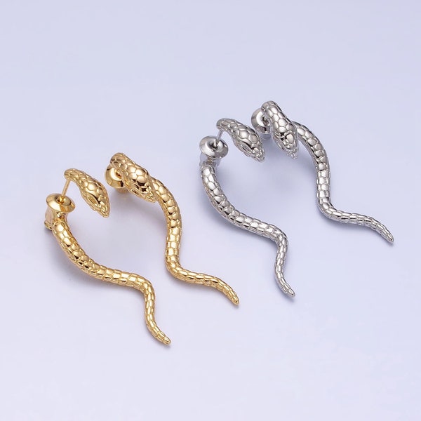 Snake Through Ear Illusion Dangle Drop Stud Earrings, Scaled Texture, Gold or Silver, 16K or White Gold Filled Jewelry for Women, 1 Pair