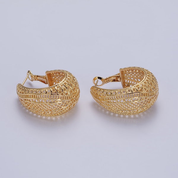 Filigree Weave Patterns Dome Hoop Earrings, Latch Back Fastening, 24K Gold Plated Jewelry for Women, 1 Pair