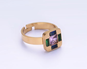 Rounded Square Ring with Pink, Green, and Blue Baguette Cut CZ Cubic Zirconia, Open Adjustable 14K Gold Tone Stainless Steel Statement Band