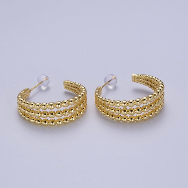 Triple Band Ball Beaded Open Hoop Stud Earrings, Modern Gold Plated Jewelry for Women, 1 Pair