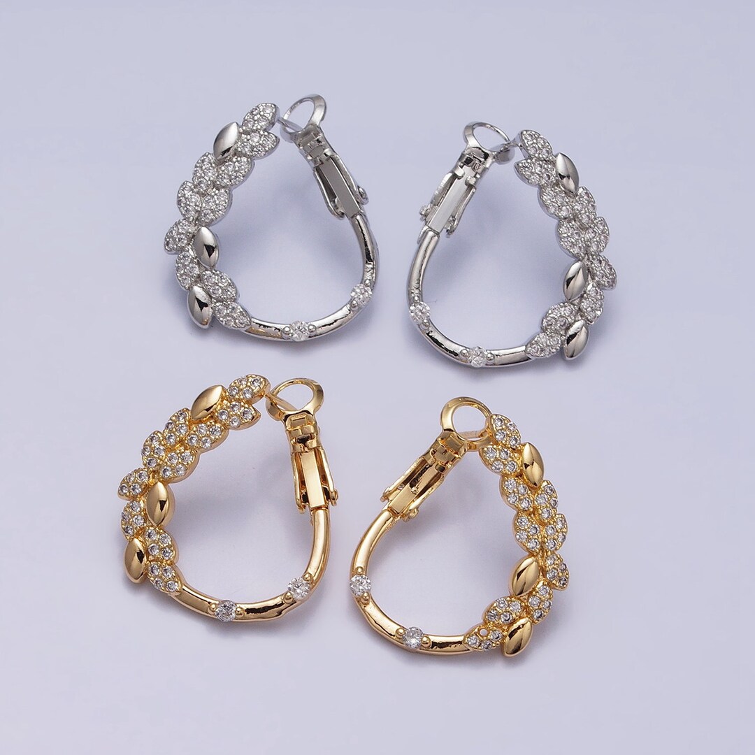 Front Facing Leaves Vine Hoop Earrings, Gold or Silver, Micro Pave CZ