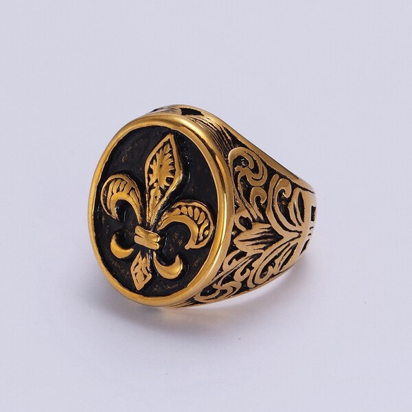 Carved Fleur De Lis Design Signet Ring, Gold or Silver Tone 3D Stainless Steel Band for Men