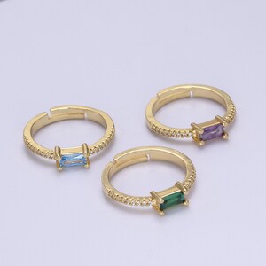 Cocktail Ring with Micro Pave CZ and Baguette Cut Colored Cubic Zirconia Green, Baby Blue, Purple Adjustable 24K Gold Filled Band image 9