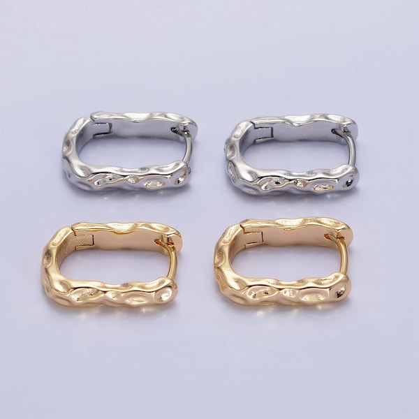 Hammered Rustic U-Shaped Rounded Rectangular Hoop Earrings, Gold or Silver, 16K or White Gold Filled Natural Shape Jewelry, 1 Pair