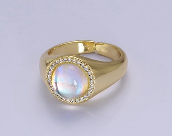Moonstone Dome Ring with Micro Pave CZ Cubic Zirconia, Open Adjustable Iridescent Gemstone 24K Gold Filled Stack Band