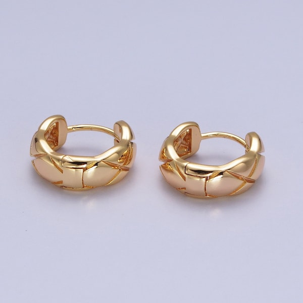 Cross Pattern Quilted Design Huggie Hoop Earrings, Small Dainty Gold Plated Regal Earring Jewelry for Women, 1 Pair