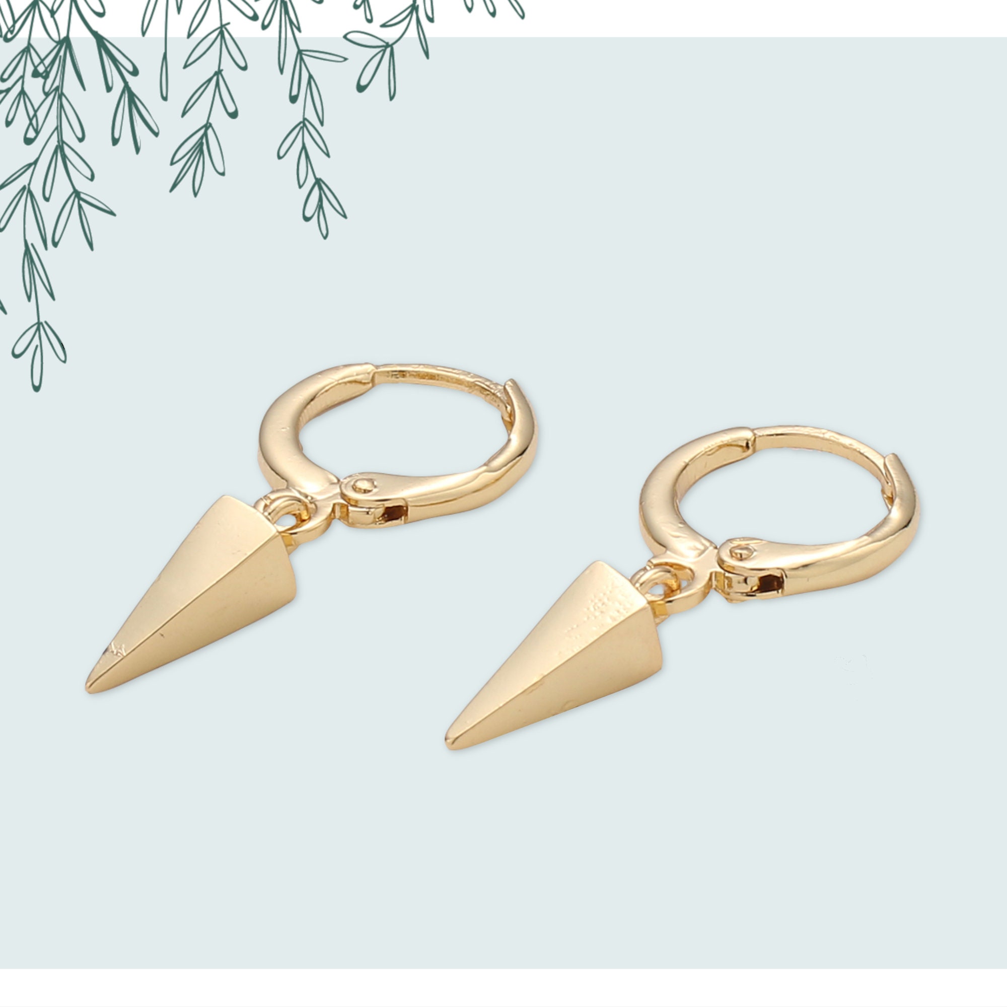 Pyramid Spike Dangle Drop Hoop Earrings 14K Gold Plated Simple
