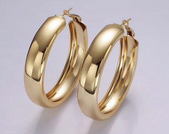 Large Wide Band Dome Hoop Earrings, 45 mm, Hinge Latch Back Fastening, 14K Gold Filled Minimalistic Statement Jewelry for Women, 1 Pair