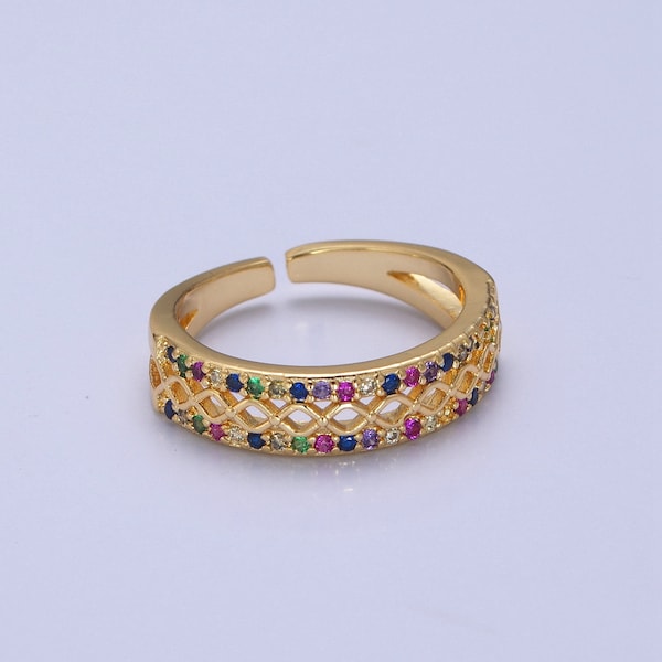 Filigree Bridge Design Stack Ring, Multicolor Micro Pave CZ Cubic Zirconia, Double Band Open Adjustable 24K Gold Filled Ring