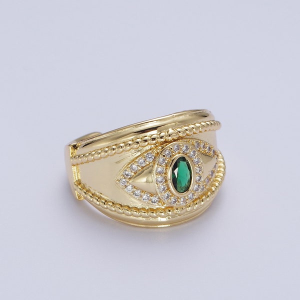 Ancient Eye Design Dome Ring, Emerald Green Gemstone and Clear Micro Pave CZ Cubic Zirconia, Open Adjustable Gold Plated Rope Textured Band